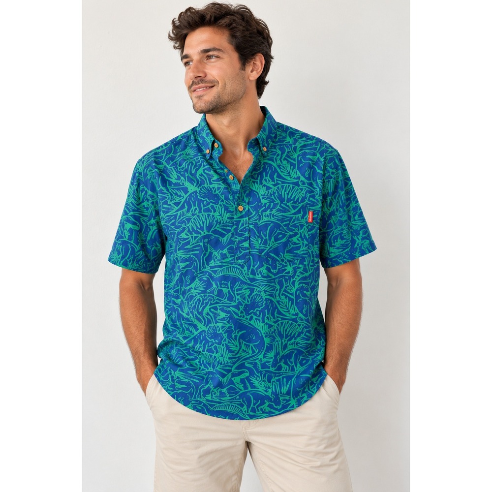 Chubbies Dinosaur Shirt Mens Medium Jurassic Skeleton Neon Green Blue Popover
